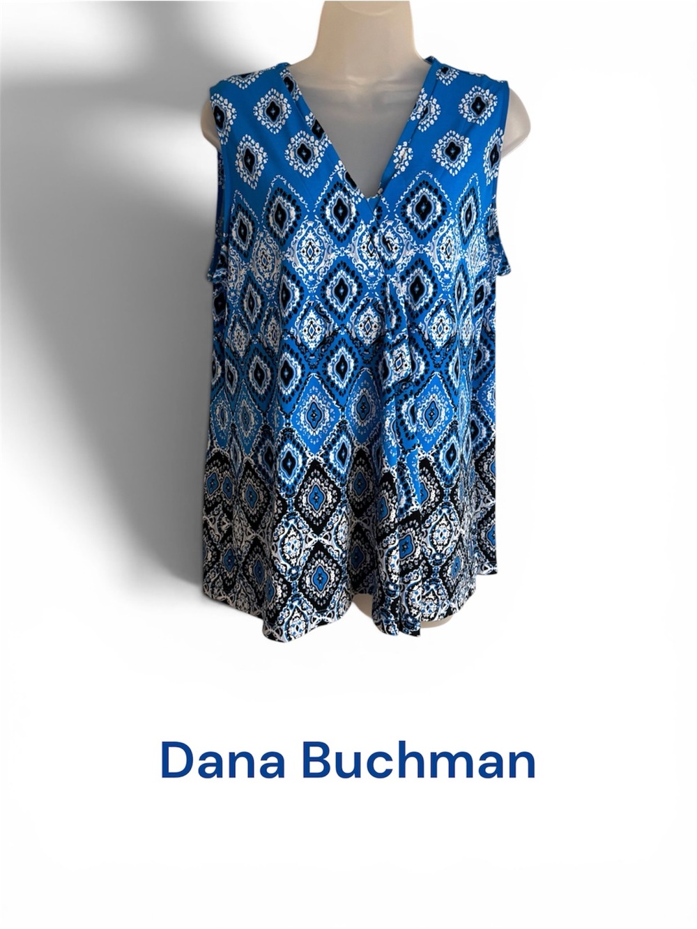 Dana Buchman Blue Printed V-Neck Sleeveless Top  LARGE    #R
